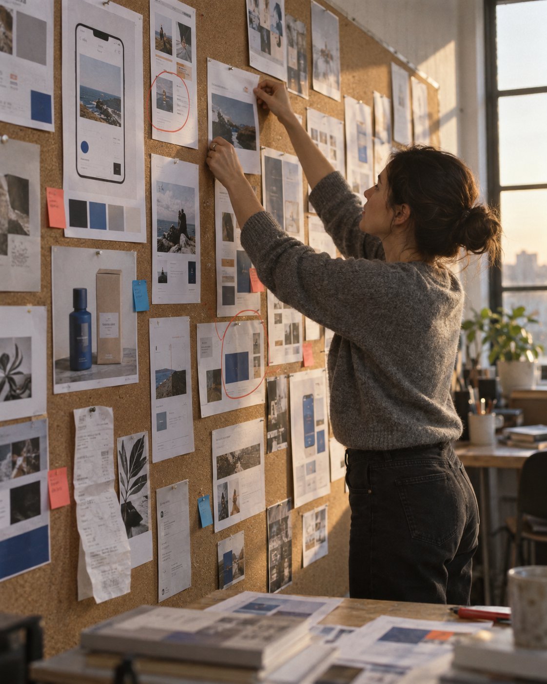 A strategist pinning printed screenshots and packaging photos to a cork wall during an audit
