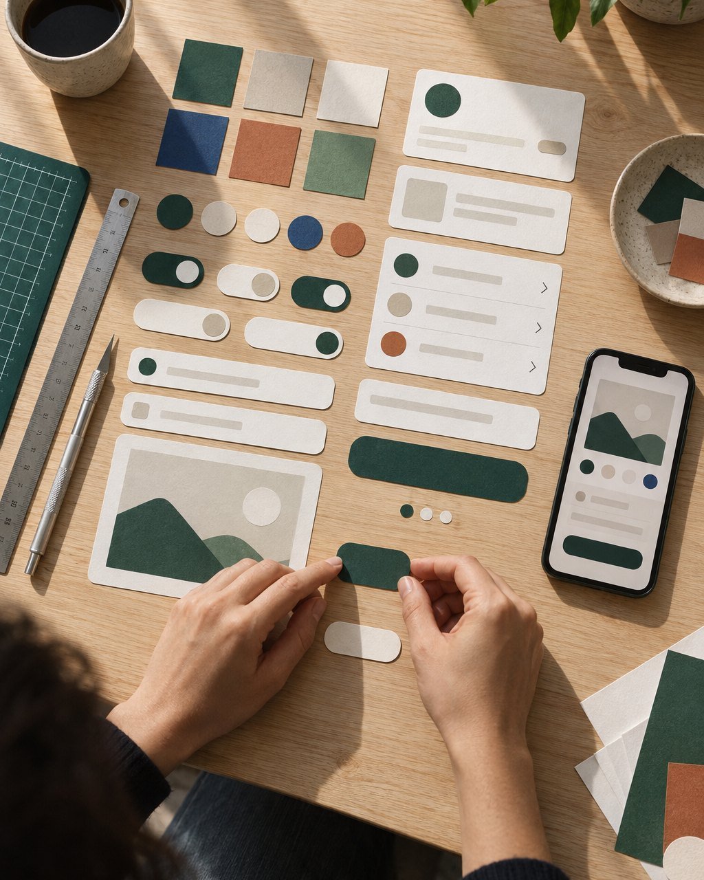 Printed interface components and colour swatches cut out and laid in a tidy grid on an oak table, a steel ruler and a phone beside them