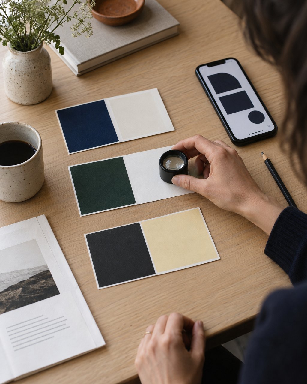 Paired dark and light colour swatches being compared on an oak table, a phone with a high-contrast interface beside them