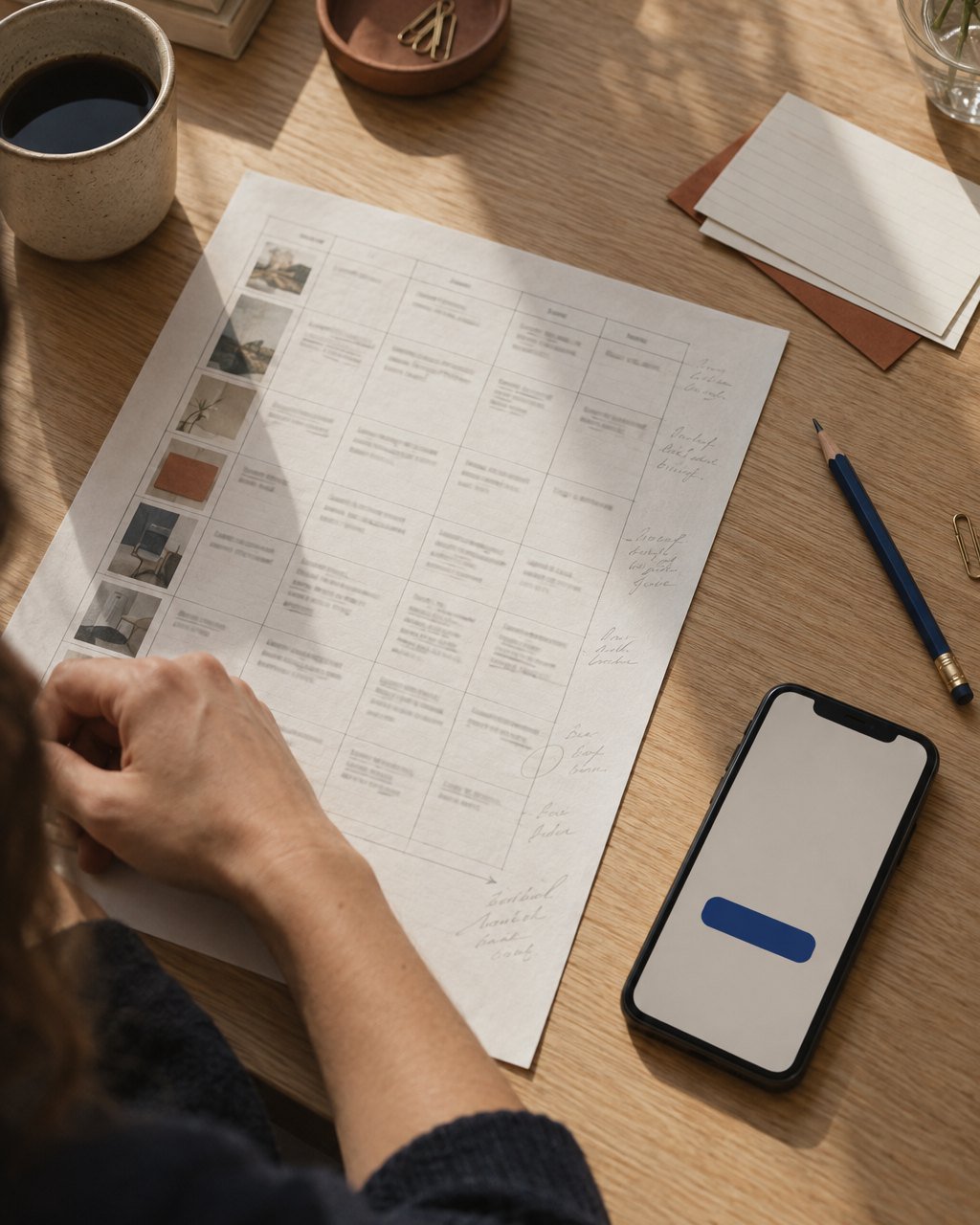 A printed grid of interface wording with pencil notes beside a phone showing a single coloured button, on an oak table