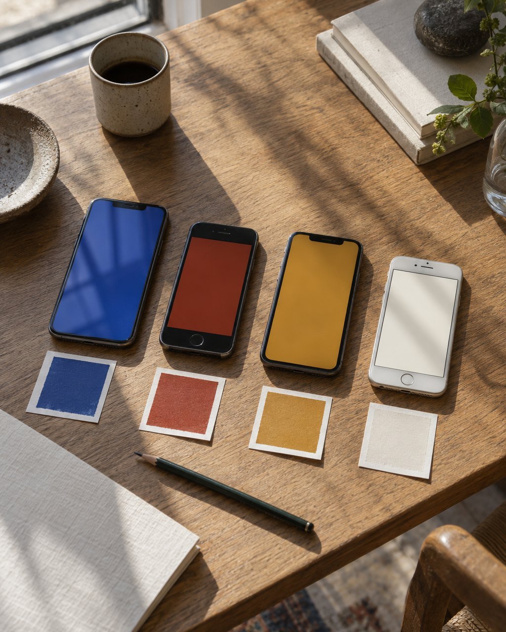 Four phones lying on an oak table beside cobalt, red and amber colour swatches in window light