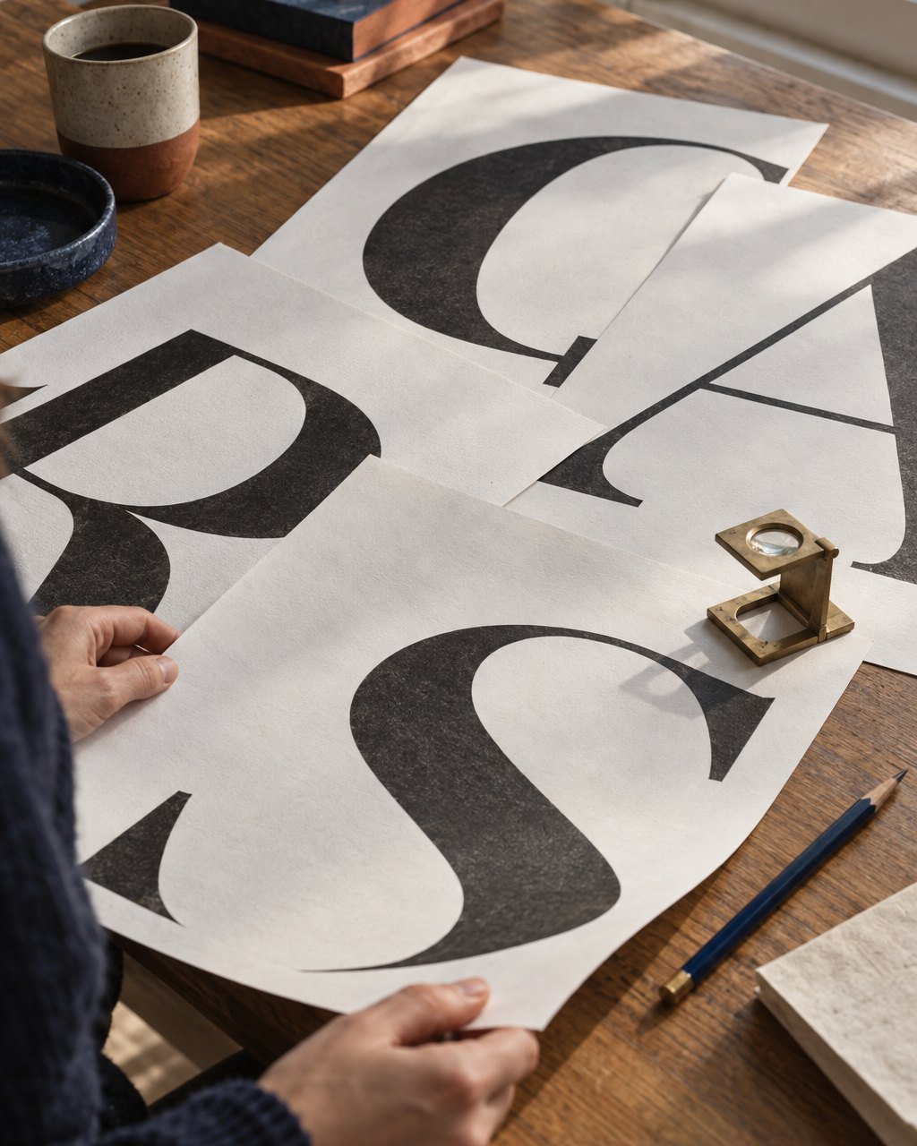 Type proofs of single large letterforms in one typeface spread across an oak table, with a loupe and a pencil