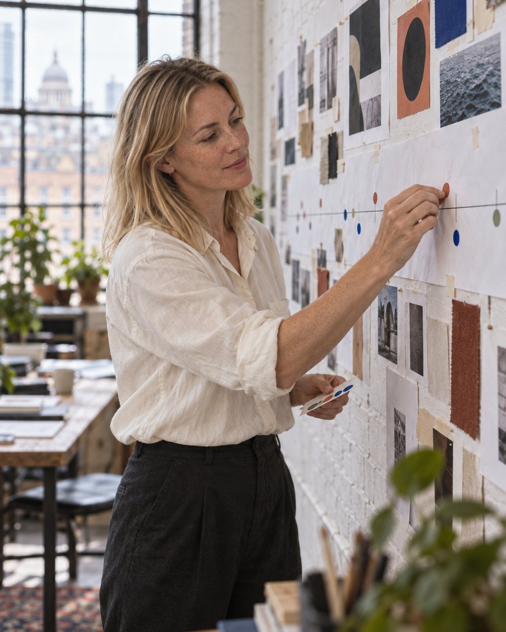 Freya placing coloured markers along a long paper timeline pinned to the white brick wall of the London studio