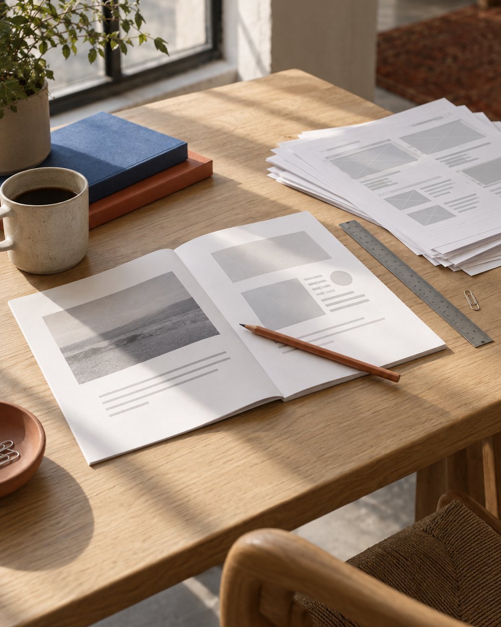 A two-page printed proposal, a pencil and a stack of wireframe printouts on an oak table in window light