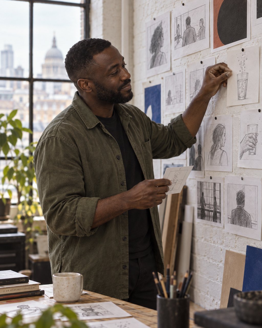 Kayode pinning hand-drawn storyboard frames to the white brick wall of the London studio