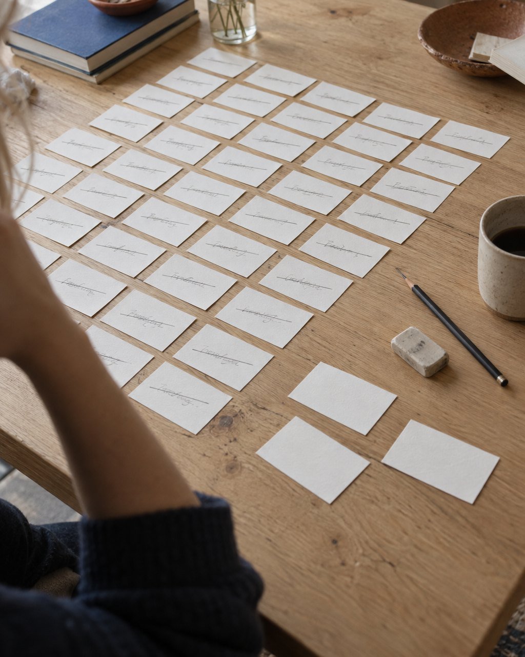 Rows of small handwritten name cards on an oak table, most struck through in pencil, three set apart at the edge