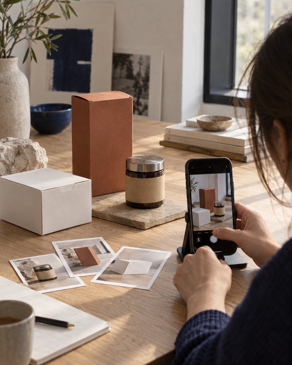 Unprinted carton and jar prototypes on an oak table in window light, a phone on a small stand photographing them