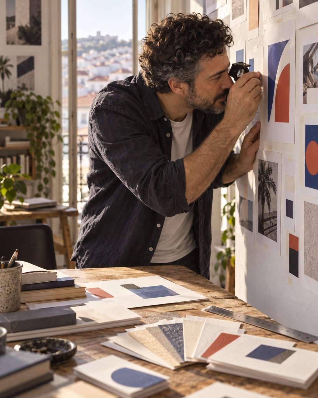 Tomás studying printed identity proofs through a loupe at a tiled wall in the Lisbon studio, paper samples fanned on the table