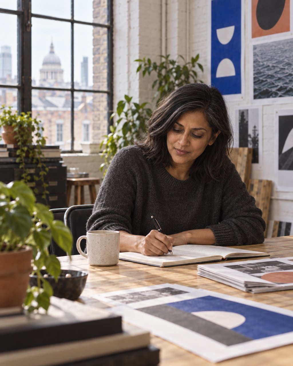Anjali writing in a notebook at the long oak table in the London studio, tall steel windows behind her