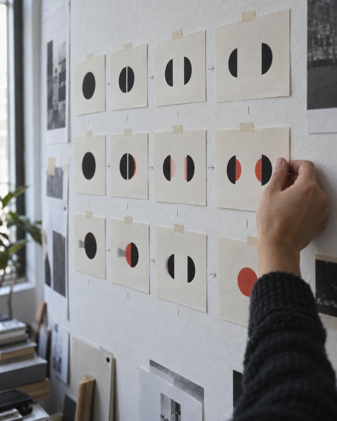 Printed storyboard frames of a logo animation pinned in a grid on a studio wall