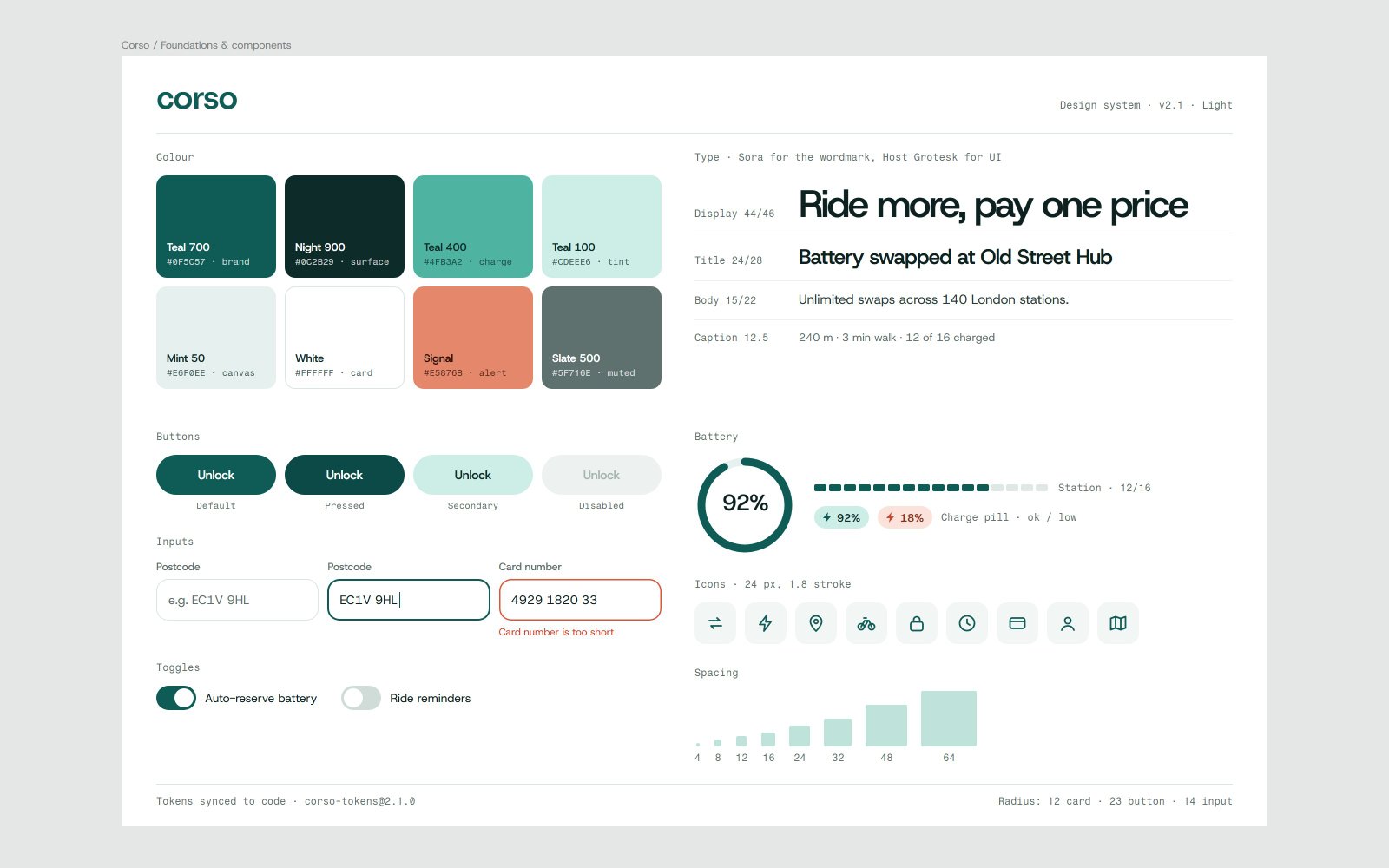 The Corso design system board: colour tokens, buttons, inputs and a battery ring