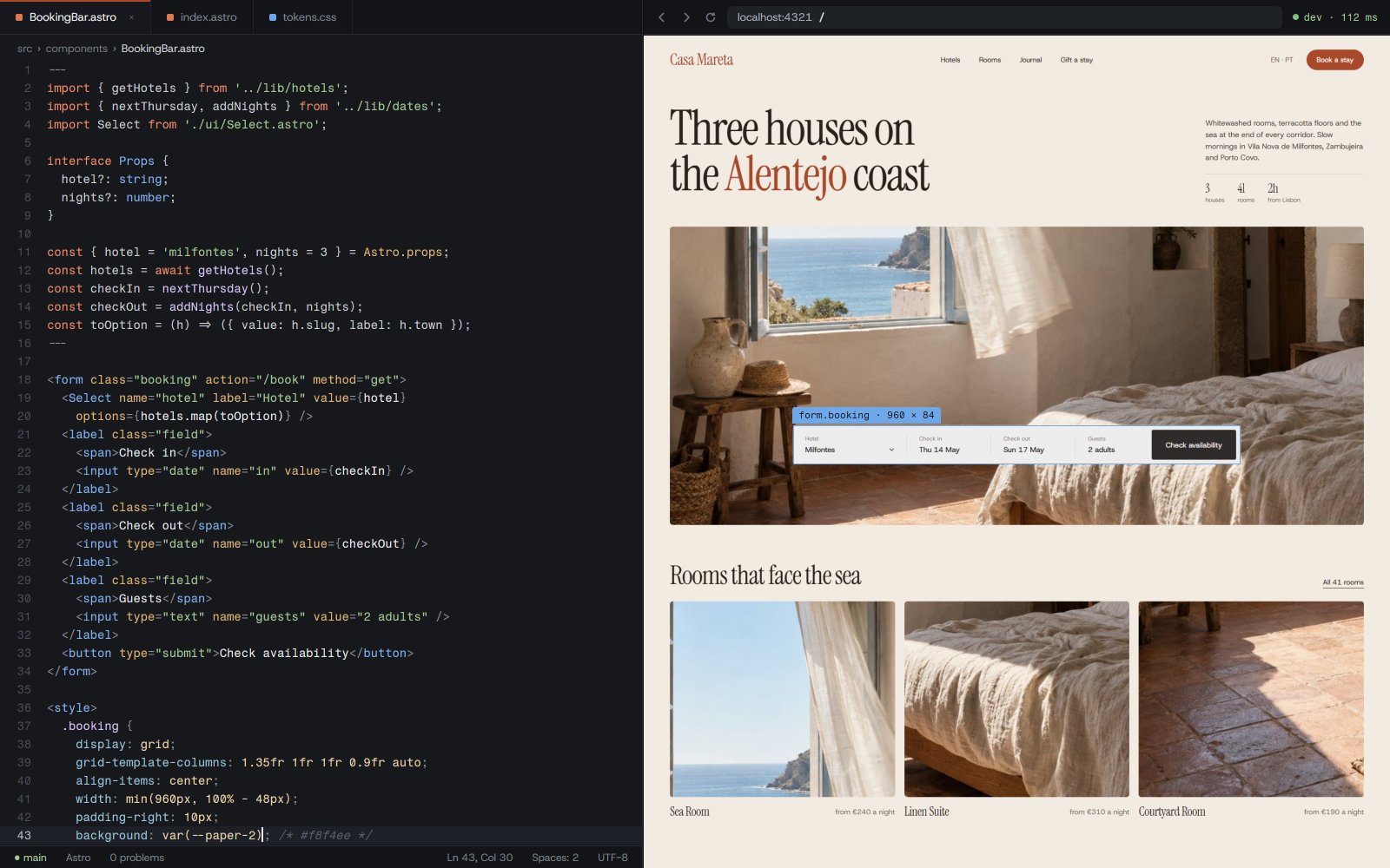 The Casa Mareta website code in an editor beside a live preview