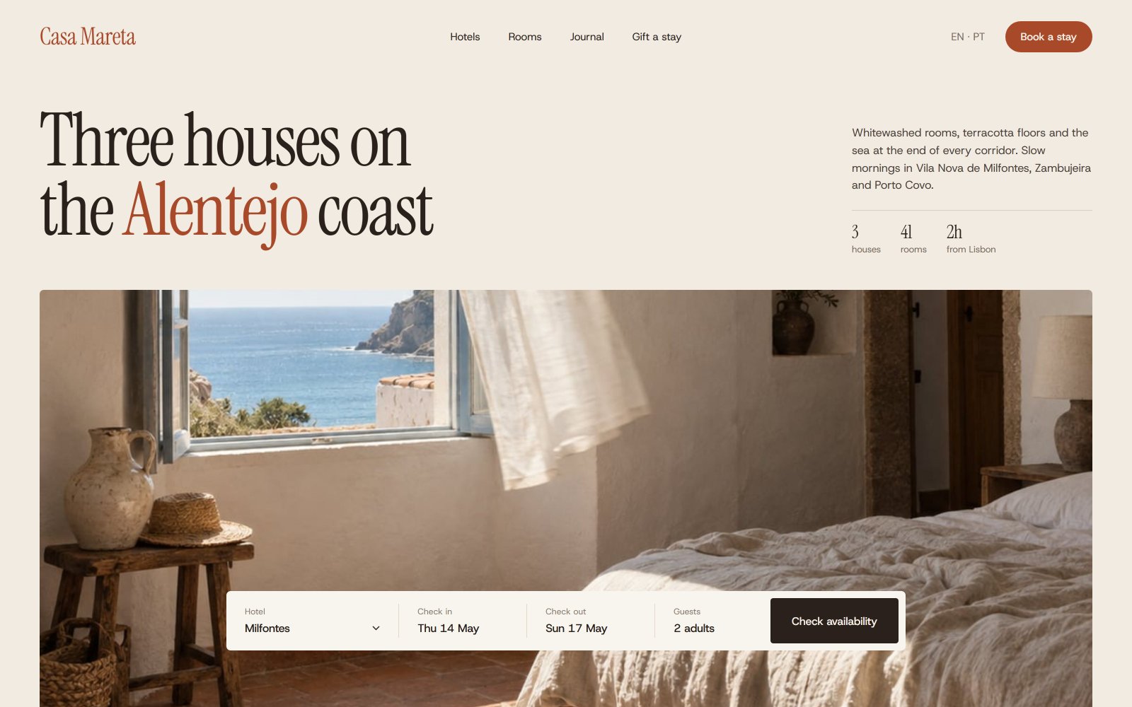 The Casa Mareta homepage: Three houses on the Alentejo coast, with a booking bar