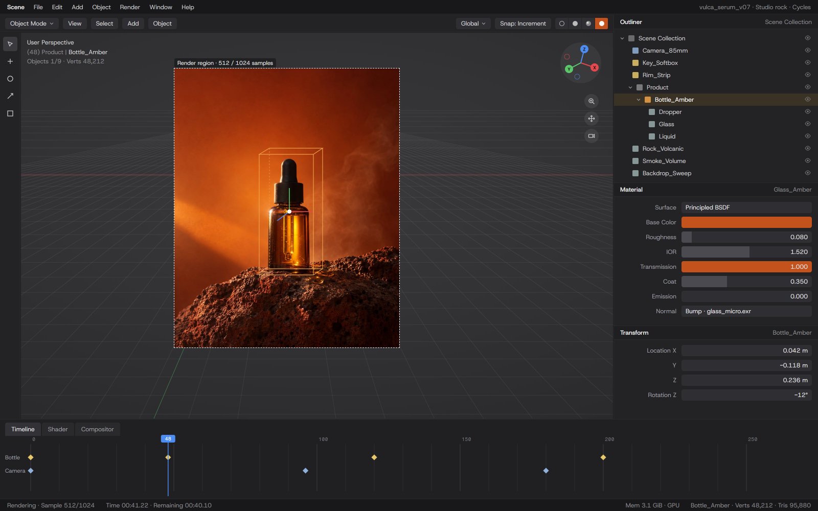 The Vulca bottle being lit inside a 3D application, with lighting controls beside it