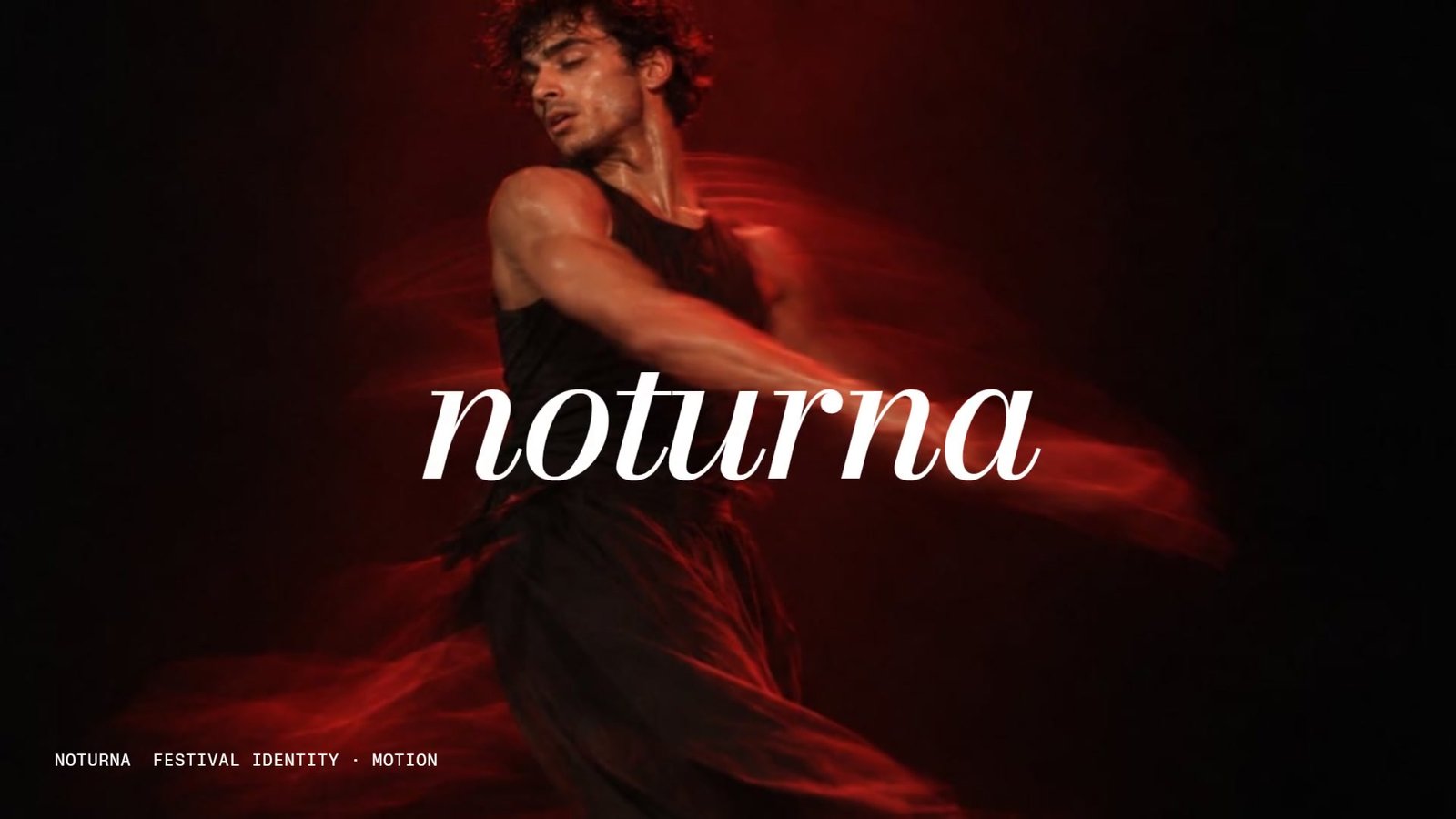 The Noturna wordmark in white over a dancer in a red dress, mid-spin