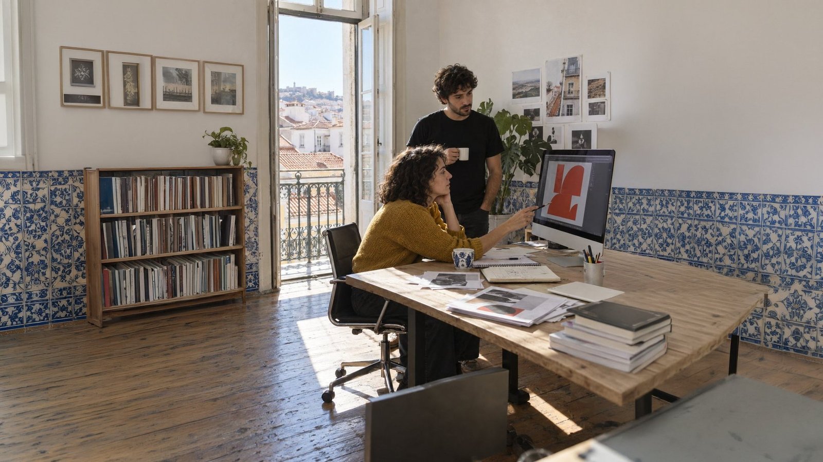 Two Orvel designers in the sunlit Lisbon studio reviewing a red graphic on a monitor