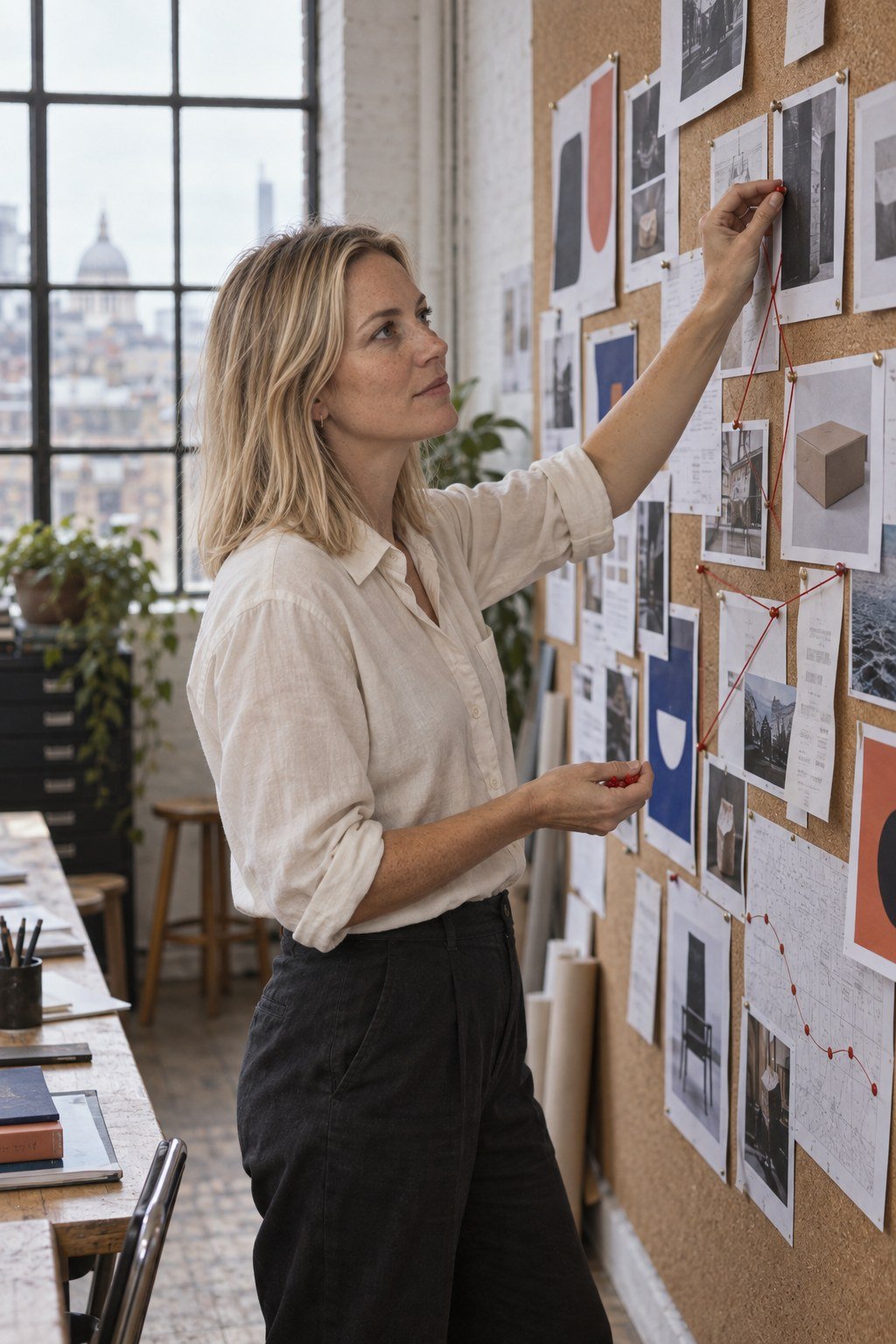 Freya pinning printed screenshots to the audit wall in London