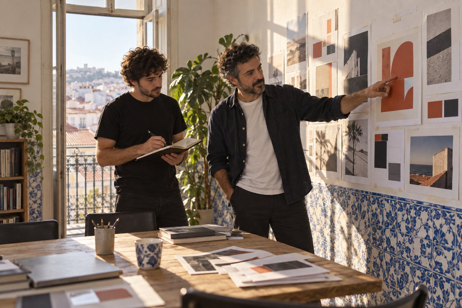 Tomás and a designer reviewing poster proofs at the pin-up wall in Lisbon