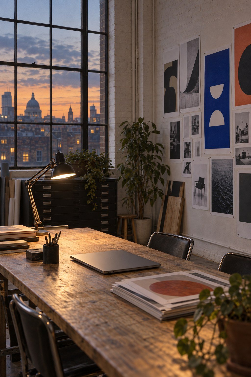 The London studio after six, one lamp on, St Paul’s at dusk through the window
