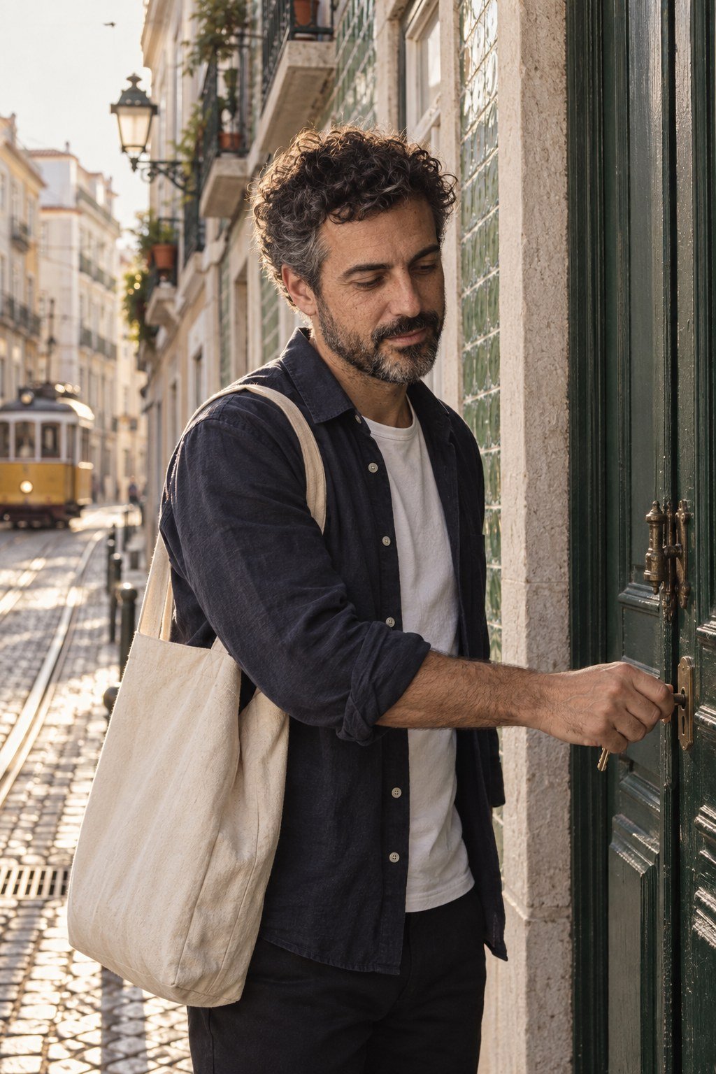 Tomás unlocking the green door of the Lisbon studio on a tiled street