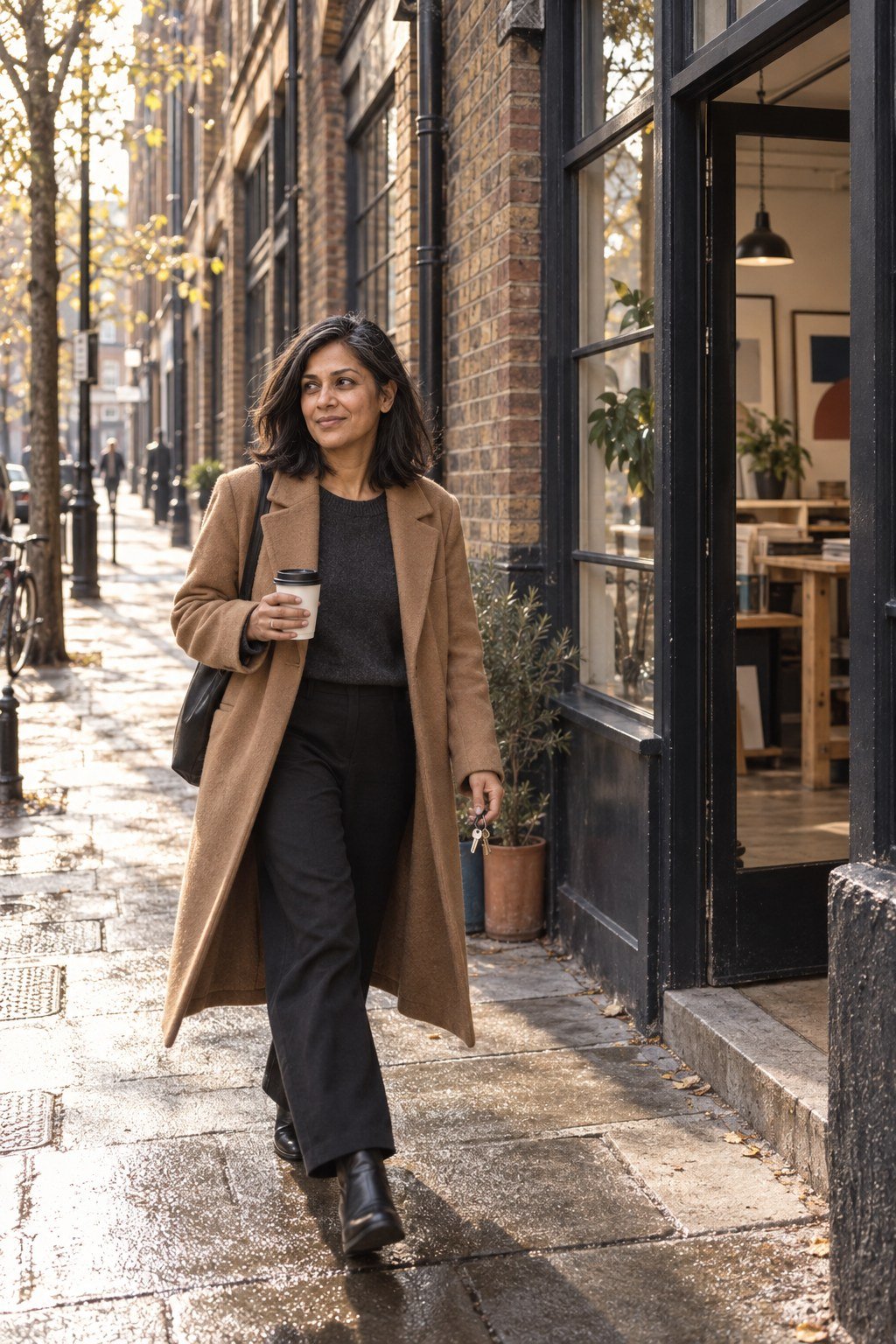 Anjali walking to the studio along a brick-lined Clerkenwell street with a coffee