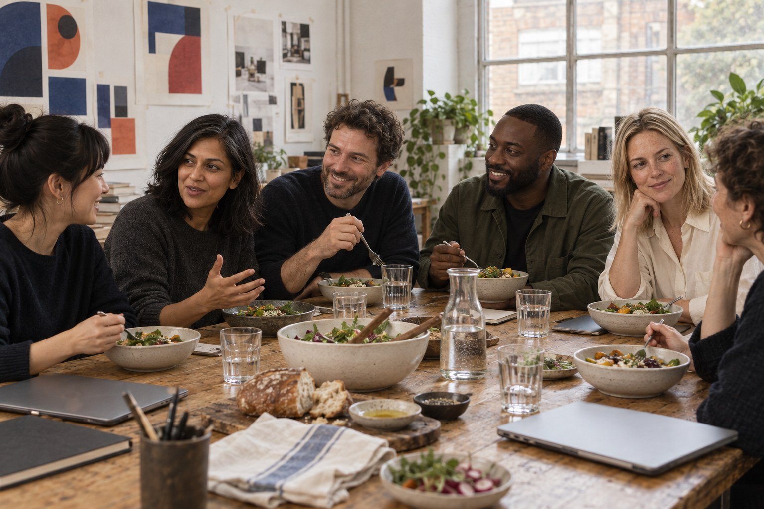 The team eating lunch together along the long table in London