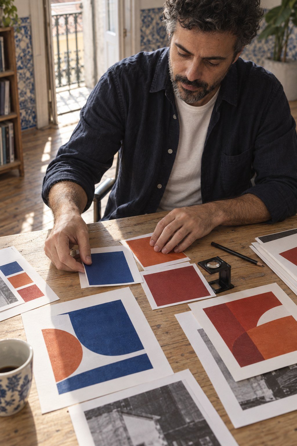 Tomás laying out cobalt and red colour proofs on the long table in Lisbon