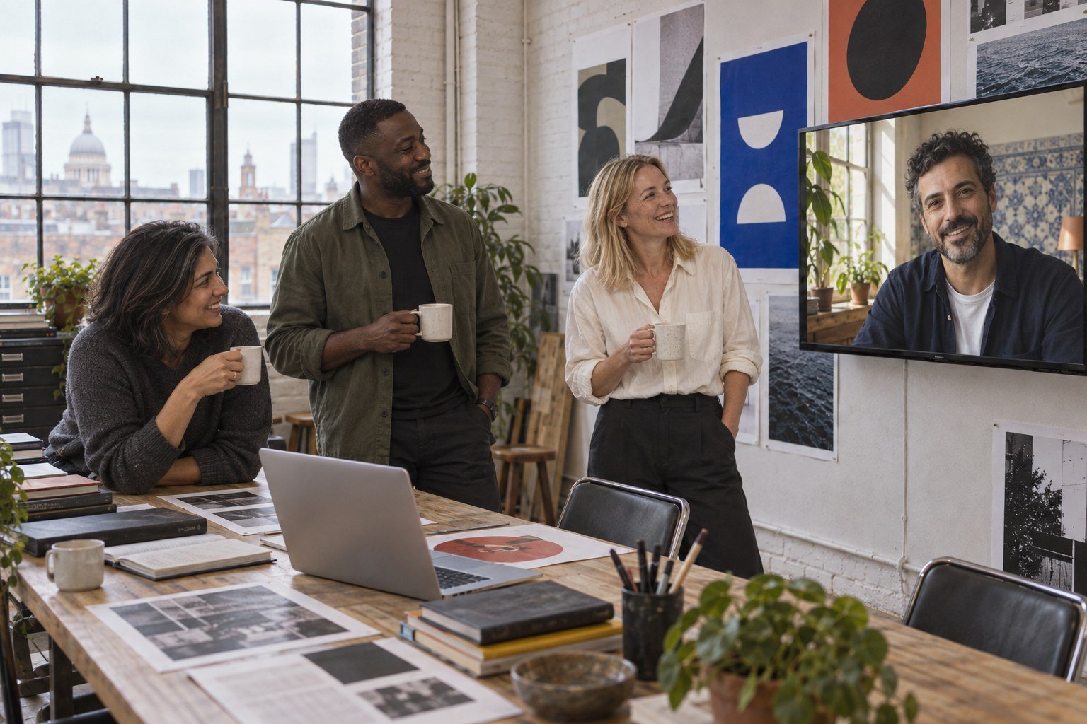 The London team at the long table with Lisbon on the wall screen for stand-up