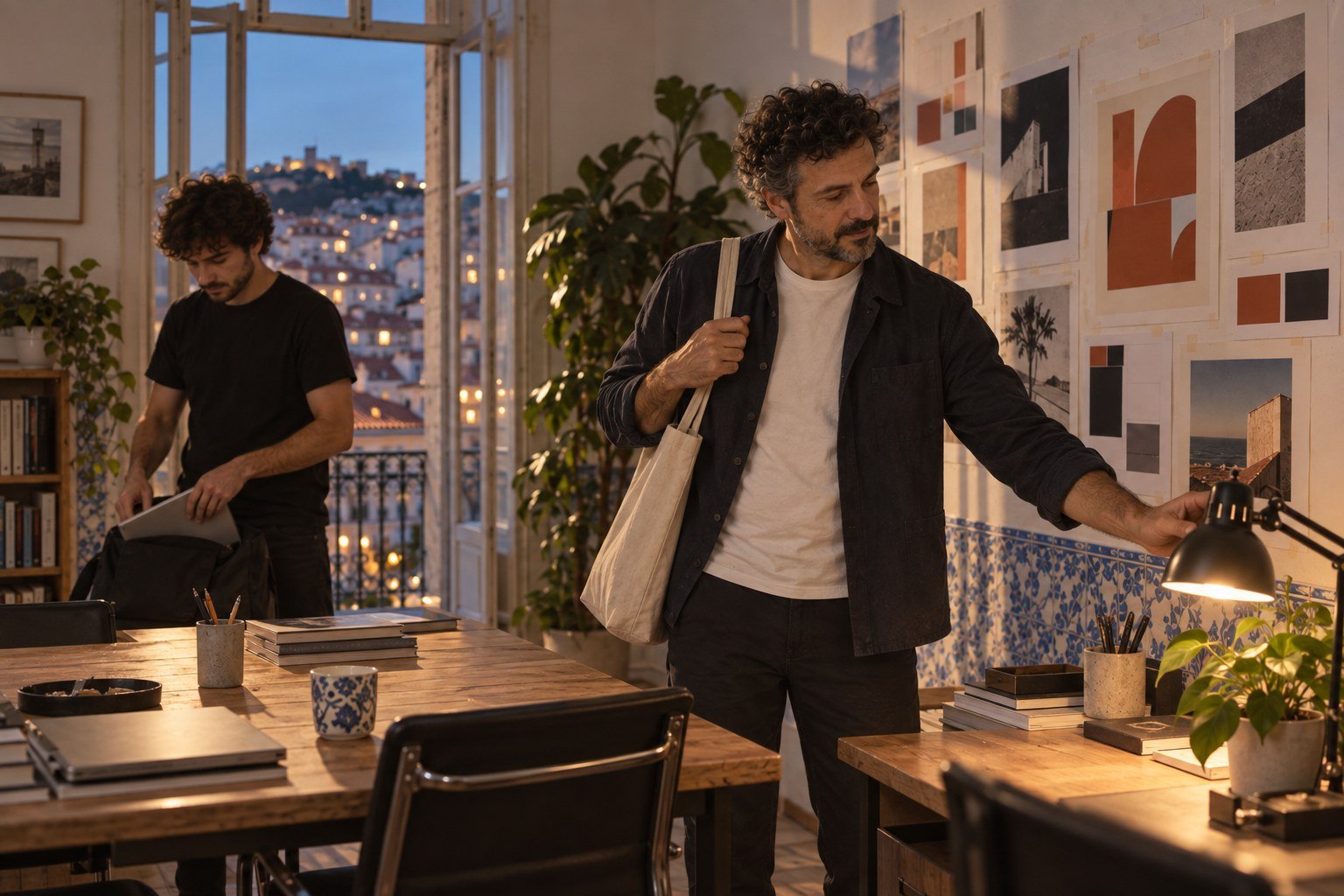 Tomás heading home from the Lisbon studio at blue hour