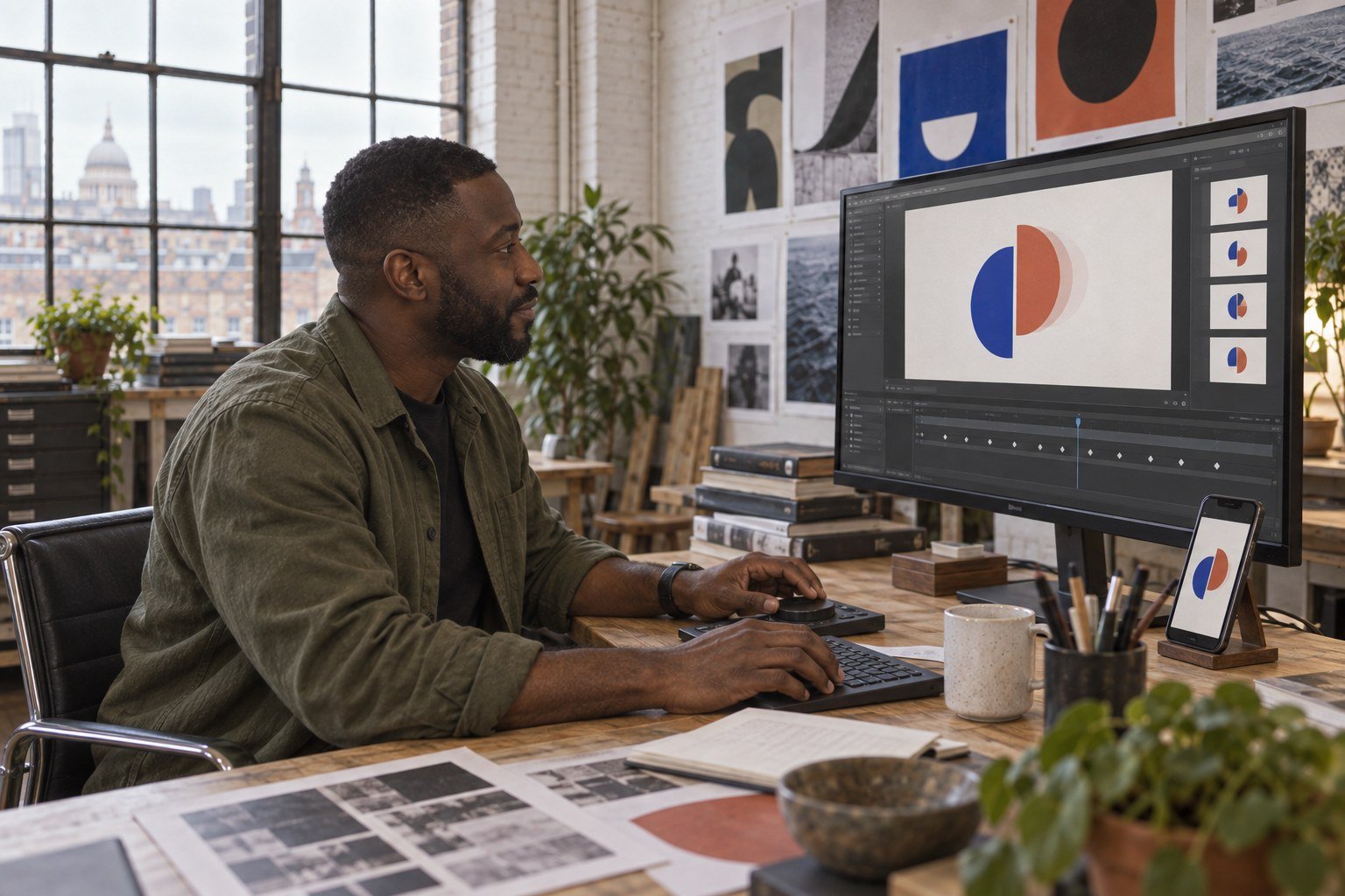 Kayode at the edit desk with a mark mid-turn on screen and on a phone