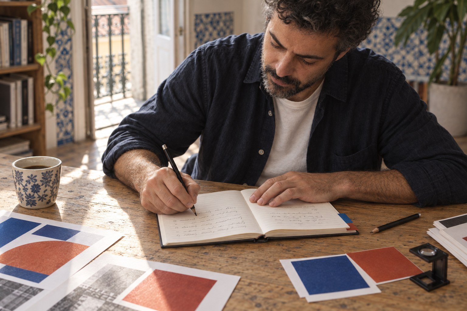 Tomás writing a line in the decision log at the long table