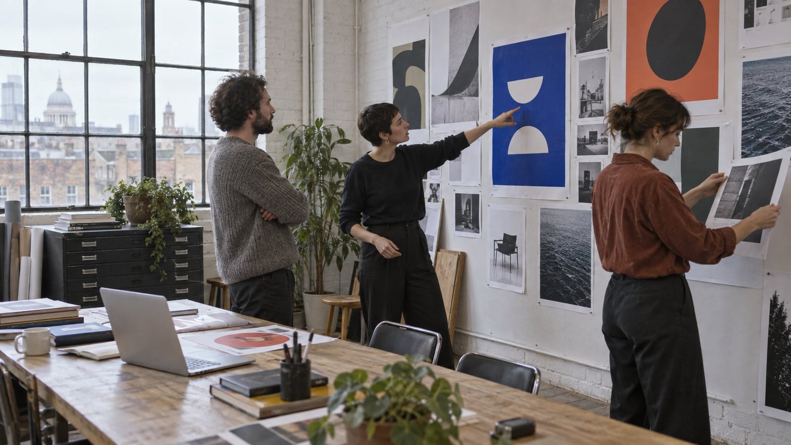 Three Orvel designers at the pin-up wall of the Clerkenwell studio, St Paul’s dome in the window