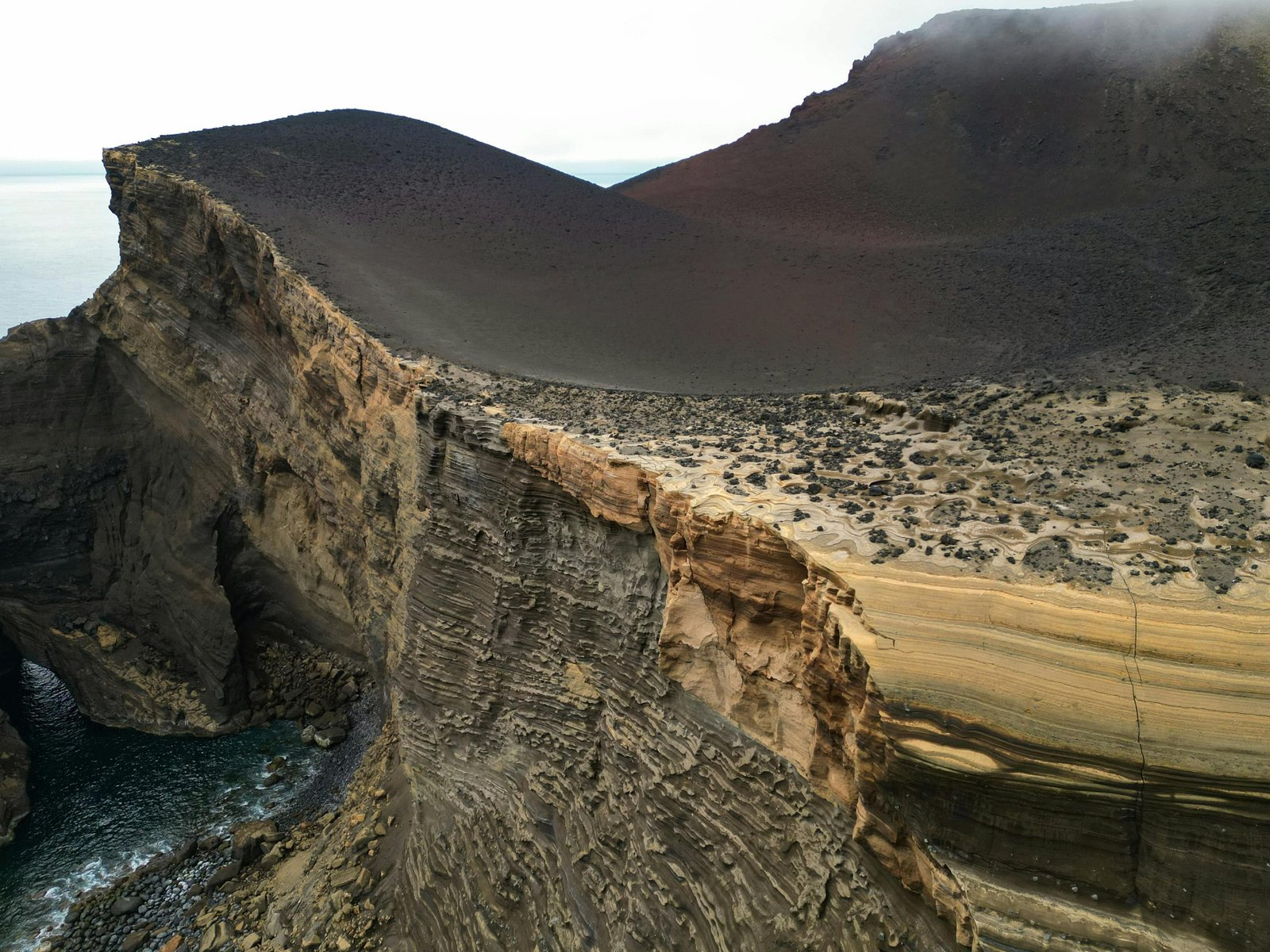 Layered volcanic rock cliffs falling to the Atlantic