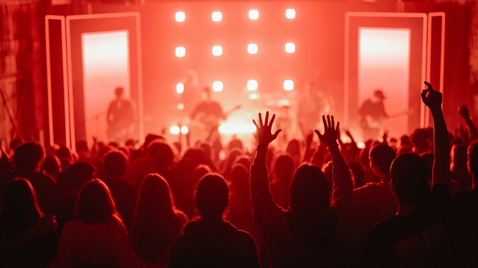 A crowd with raised hands in front of a stage washed in red light
