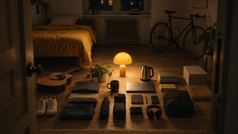 A small rented bedroom with its belongings laid out in neat rows, one yellow lamp glowing in the dark