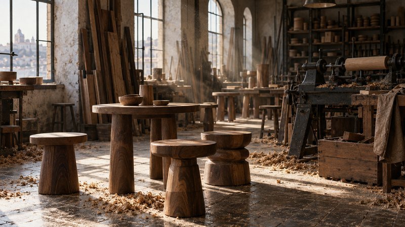 A dim woodworking shop with turned stools and a round table in raking window light, sawdust in the air